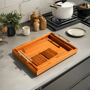 Rustic Luxury Rectangular Wooden Serving <b>Trays</b> with <b>Gold</b> Polished Carved Metal Handles for Coffee Tea Fruit Food Dessert - Product Image 1
