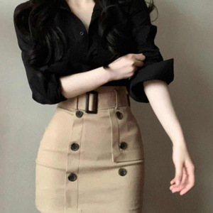 Women's Two Piece Set Shirt And Skirt Solid Color Long Sleeve Belted Office Wear Formal Outfit Polyester Oxford Fabric JY-8360 - Product Image 3