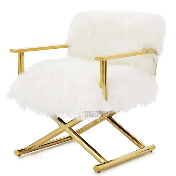 Mongolo della pelliccia in oro lucido metallo Jodi pelle di pecora Bianca sedia da Regista