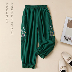 Cotton Linen Harem Pants Women's Casual Loose Fit Embroidered Lace Trim High Waist Breathable Khaki Green Raw Linen - Product Image 2