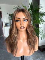 Prothèse capillaire frontale en dentelle HD avec clips, cheveux vierges européens ondulés, marron avec mèches, remplacement capillaire naturel