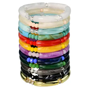 Fashion 12-color Retro Elastic Acrylic Bracelet Bangle Women Popular Color Crystal Beads Beaded Round Tube Acrylic Bracelet