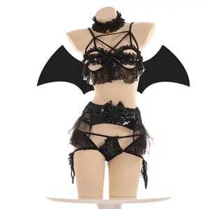 Sexy Lace Bat Lingerie Leather Evil Women Cosplay Costume Open Bra Set Lolita Exotic Apparel Fancy Bodysuit