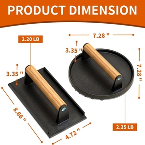 Presse à hamburgers ronde et rectangulaire avec poignée en bois, presse à hamburgers de qualité alimentaire pour viande, bacon cuit au feu, steak - Product Image 3