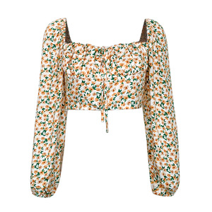 <span class=keywords><strong>Camicia</strong></span> da donna <span class=keywords><strong>monospalla</strong></span> in viscosa floreale estiva retrò con scollo quadrato, vestibilità slim e maniche a sbuffo in pizzo, stile europeo-americano transfrontaliero - Product Image 6