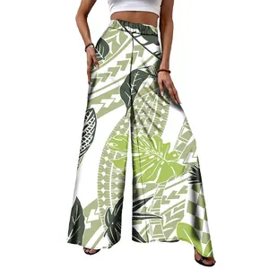 Hawaii celana Maxi kasual bunga tropis celana panjang dengan saku longgar bersirkulasi udara celana kaki lebar Polynesian untuk wanita