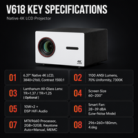 Projecteur LCD 4K natif 1100 ANSI Lumens Véritable 4K 3840x2160 Home Cinéma Correction automatique de la distorsion trapézoïdale Android 13 Haut-parleur 10W WiFi OEM