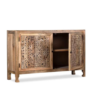 <b>Rustic</b> Farmhouse Inspired Solid Wood Storage Credenza With Artistic Hand Carved Patterns And Large Cabinet Space - Product Image 3