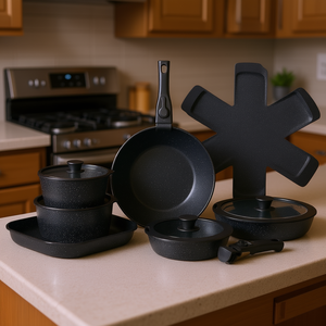 Juego de ollas y sartenes antiadherentes de granito para inducción, 17 piezas, color negro, con mangos desmontables, apto para horno, diseño moderno - Product Image 2