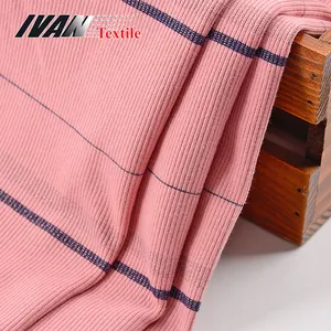 Tissu double maillot CVC 2x2, tricot extensible avec lurex, teint en laine rouge 26S, à rayures