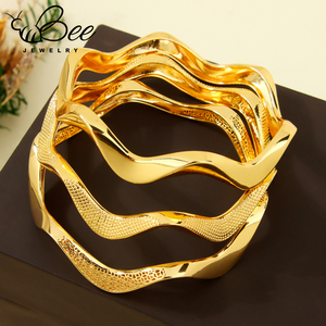 Fashion 21k Gold Plated Saudi Women Wave Cuff Bangles Dubai Arab Bridal Wedding Party Jewelry <b>Charm</b> <b>Bracelet</b> Ring Set - Product Image 4