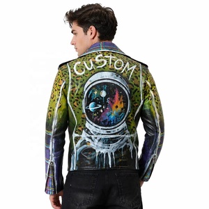 Chaqueta de Motero de Piel de Cordero Pintada a Mano Personalizada para Hombre, con Múltiples Diseños de Leopardo y Cuadros, Estilo Artístico Asimétrico, Prenda Exterior de Cuero Genuino, Venta al por Mayor OEM - Product Image 2