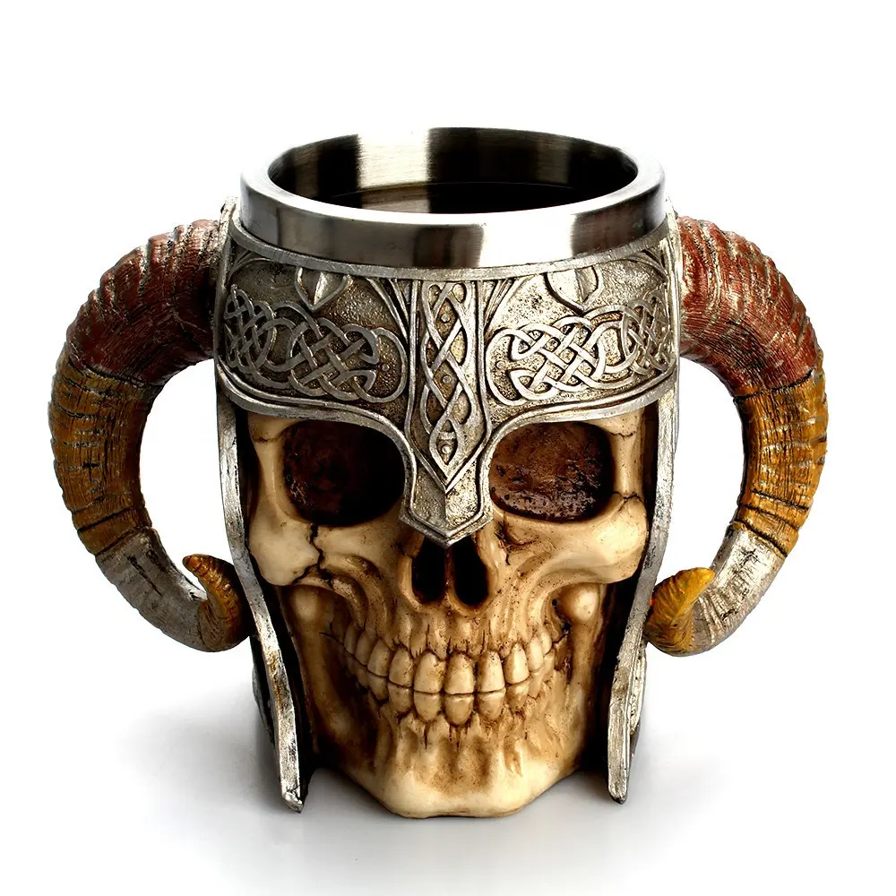 Taza de cerveza de cuerno con doble asa de acero inoxidable de 17oz OEM, jarra de guerrero vikingo, taza de bebida Medieval, taza de vino de acero inoxidable,