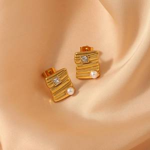 Pendientes de perlas Pendientes impermeables de acero inoxidable Espárragos Mini perlas Rayas geométricas Pendientes cuadrados de piedra con incrustaciones - Product Image 6