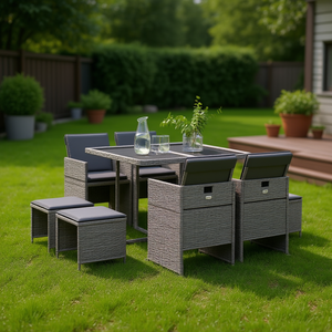 Set da pranzo da giardino impilabile in rattan PE grigio a 9 pezzi, elegante arredamento da esterno per uso in giardino - Product Image 2