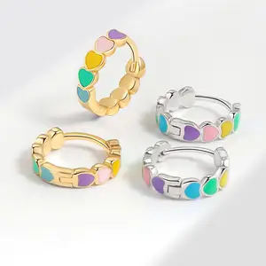 Fashion Jewelry 14k Gold Plated Cute Heart Oil Drop Multicolored Huggie Earrings For Teen Girl