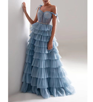 Robe longue de soirée élégante et romantique bleue à volants floraux pour femme, style automne, écologique, respirante, à étages, sans bretelles ou à fines bretelles