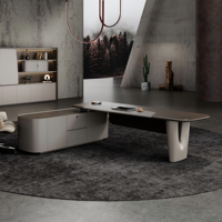Bureau de direction moderne de luxe avec base sculpturale en Y, mur de rangement LED et chaise pour suite de bureau design complète
