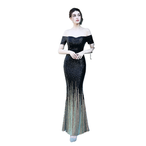 Robes de soirée de luxe, paillettes, couleur bonbon, bloc de couleurs, manches courtes, épaule dénudée, longue robe de sirène, élégante, écologique - Product Image 1