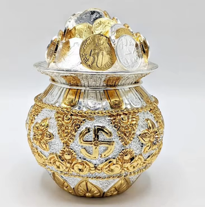 Antique Traditional Style Kalash Coin Gold Plated Resin <b>Temple</b> Pooja Festival Celebration Religious Gift <b>Home</b> Decoration - Product Image 1