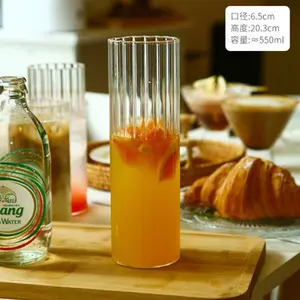 Caneca de vidro para suco de frutas com alto teor de borosilicato, copo de café e gelo nórdico transparente, copos listrados verticais transparente para beber