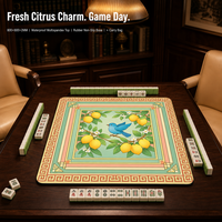 Tapis de Mahjong 800x800mm Imperméable Multispandex Antidérapant en Caoutchouc avec Bordure Motif Citron, Oiseau et Clé Grecque + Sac de Transport Noir
