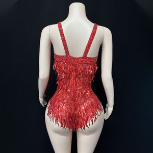 Novance Y4903 Produit en vente : Robe de soirée sexy dos nu pour femme, ornée de strass rouges, de sequins et de pompons, idéale pour les fêtes de Noël et les clubs. - Product Image 6