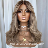 Peluca de Cabello Humano con Corte Mariposa y Flequillo, Rubio Ceniza con Reflejos Ombré, Ondulada, Sin Pegamento, con Encaje Frontal, Pre-Desplumada, Línea de Cabello Natural