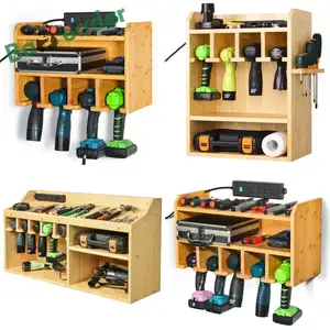 Soporte de almacenamiento de herramientas eléctricas de montaje en pared de madera de varios estilos con soporte de ranuras, organizador de almacenamiento de taladro eléctrico de bambú para llave de banco
