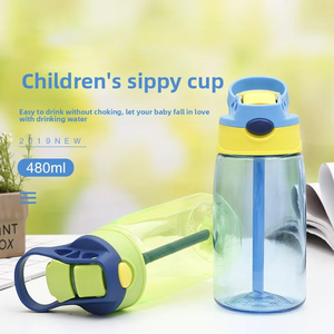 בקבוק מים נייד לילדים 16oz מפלסטיק, חמוד, עם פקק פתיחה בלחיצה אחת, קשית יניקה נסתרת, עמיד בפני דליפות, כוס שתייה למיץ. - Product Image 2