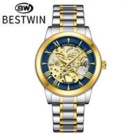 Montre-bracelet automatique squelette de luxe pour homme, boîtier rond, chiffres romains, cadran ajouré, acier inoxydable, étanche, montre de business