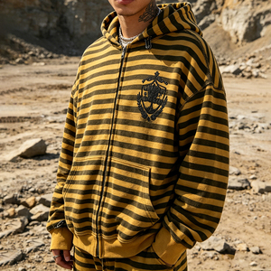 Vêtements sur mesure, sweat à capuche oversize zippé pour homme, haute qualité, 100% coton, logo brodé, design imprimé rayé, fabricant de sweats à capuche - Product Image 1