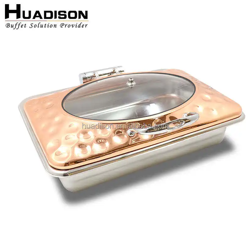 Huadison 호텔 장비 럭셔리 스테인레스 스틸 해머 포인트 사각형 전기 chafing 접시 음식 히터