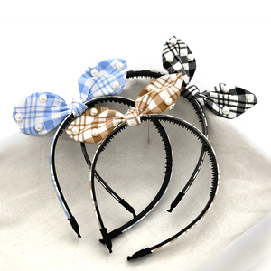 En gros plaid noeud noeud fait main <span class=keywords><strong>lapin</strong></span> <span class=keywords><strong>oreille</strong></span> perle bandeaux bandeaux cheveux cerceau - Product Image 1