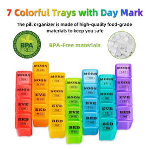 Organisateur de pilules hebdomadaire en plastique, 7 jours, 28 compartiments, couleurs arc-en-ciel, petit format - Product Image 3