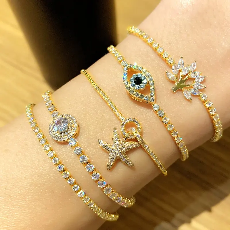 2020 Bracelet breloque en Zircon plaqué or 18k, bijou motif étoile, arbre de vie, mauvais œil, pour femmes