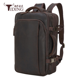 Tiding Men's Genuine Leather <b>Backpack</b> 15.6 Inch Laptop Compartment Dark <b>Brown</b> Travel Bag - Product Image 1