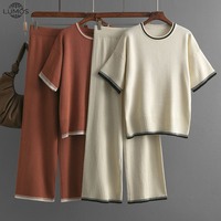 Ensemble deux pièces tricoté Lumos pour femme, style décontracté d'été, patchwork color-block, haut à manches courtes et pantalon large coupe décontractée