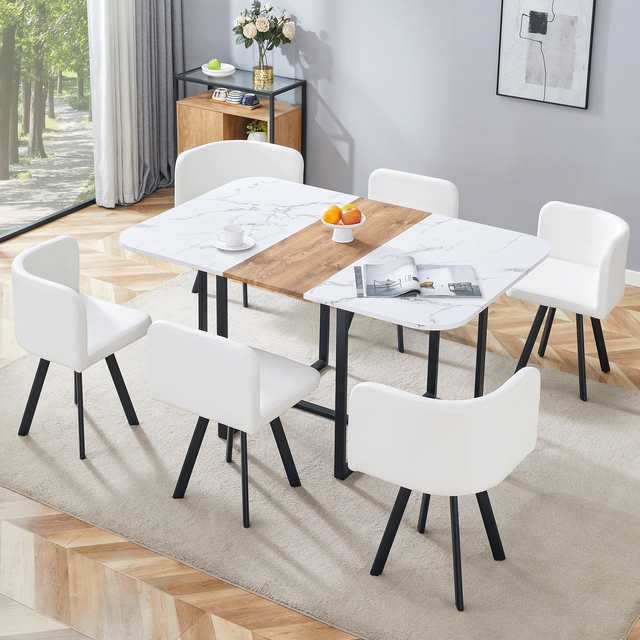 Modern Minimalist MDF & PU Leather Dining Table and 6 Chairs Set Eco-Friendly Space-Saving for Apartment/Hotel Dining