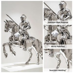 Sculpture de chevalier en acier inoxydable grandeur nature, chevalier médiéval à cheval avec lance, pour l'intérieur et l'extérieur - Product Image 4