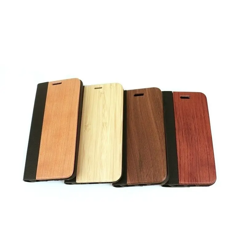 Funda de cuero tipo billetera para teléfono, carcasa de madera de bambú para iPhone 13 14