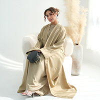 Ensemble Abaya 2 pièces en mélange coton-lin pour femme, couleur unie, Abaya ouverte avec robe intérieure, grande taille, tenue musulmane modeste