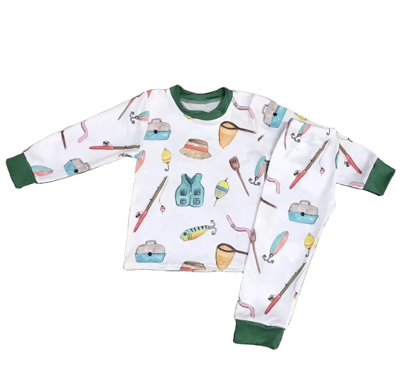 O mais recente estilo de primavera branco pequeno colete vara de pesca chapéu peixe impressão verde escuro decote manguito moda pijama infantil