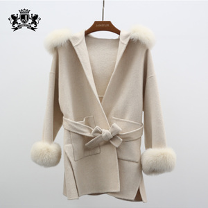 Manteau d'hiver pour <span class=keywords><strong>femme</strong></span> en cachemire, doux, élégant et tendance, avec capuche amovible en vraie fourrure de renard, nouvelle collection - Product Image 3