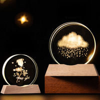 Veilleuse en cristal vierge avec base en bois, décoration de table créative en verre gravé au laser