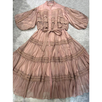 AELESEEN Robe d'été décontractée pour femmes Designer Fashion Puff Sleeve Lace Patchwork Belt Loose Single-breasted Cascading Ruffles Midi
