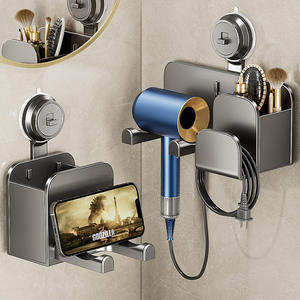 Soporte de pared para secador de pelo con ventosa para baño, gris plomizo, sin perforaciones, estante de almacenamiento rectangular con acabado pulido - Product Image 5