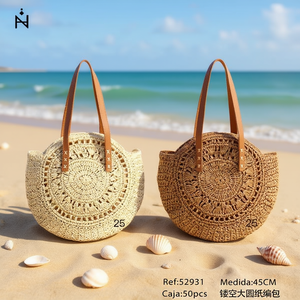Bolsos de papel tejido redondos y grandes de 45 cm con diseño hueco para mujer, bolso de playa para verano. - Product Image 3
