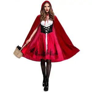 Aksesori Halloween pakaian Cosplay perempuan, kostum kerudung berkendara merah kecil, pakaian butik pesta Halloween wanita