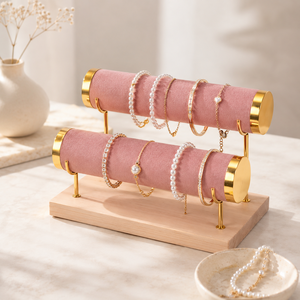 Expositor de Joyería Creativo de Terciopelo para Pulseras y Collares, Soporte de Exhibición de 3 Niveles en Forma de T, de Madera y Metal - Product Image 1